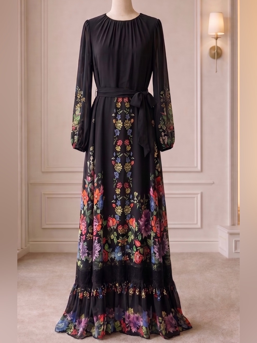 NWT Mikael Aghal Black Floral Long-Sleeve Maxi Dress